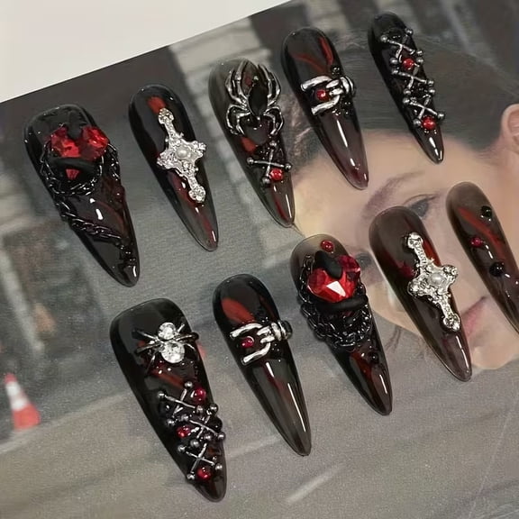Dark Gothic Press on Nails Black Red Spicy Handmade Set