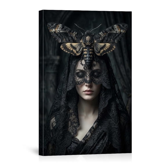Dark Gothic S Head Moth Macabre Veil Woman Portrait Spooky Witchy Home Canvas