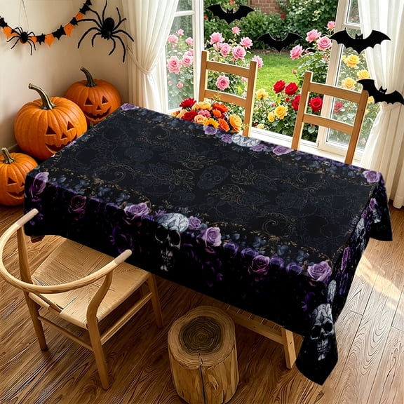 Dark Gothic Skull Purple Rose 2D Print Rectangular Tablecloth,Table Cover for Kitchen Dining Room Patio Outdoor Parties,Ideal Gift for Gothic Style Enthusiasts Halloween Thanksgiving Decor