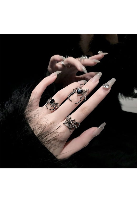 Dark Gothic Spider Ring Set for Women - Vintage Black Adjustable Open Rings 3pcs