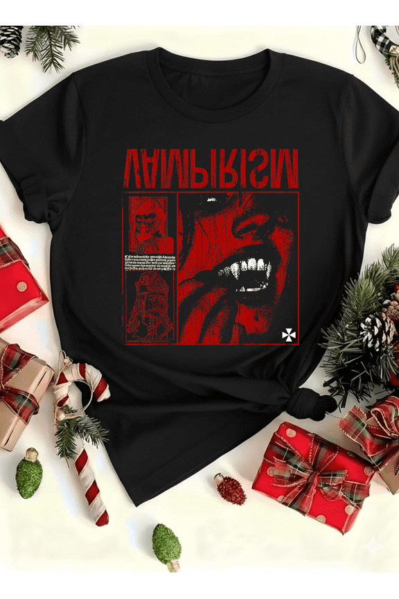 Dark Gothic Vampire Emo Y2K Grunge Streetwear Style Red Accent Unisex T-shirt V14608, up to size 5XL