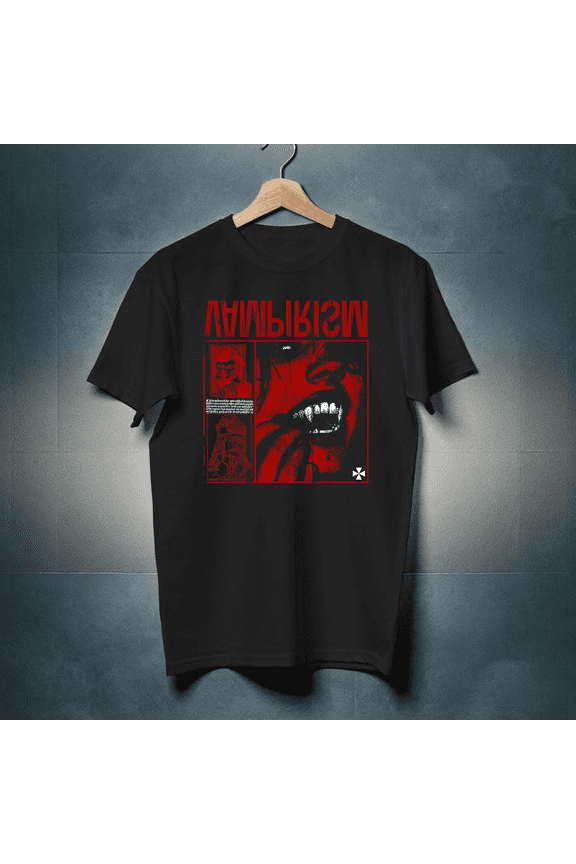 Dark Gothic Vampire Emo Y2K Grunge Streetwear Tee with Red Accents, for men and women up to 5XL