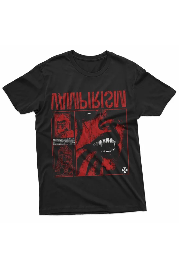 Dark Gothic Vampire Emo Y2K Grunge Streetwear Tee with Red Accents, for men and women up to 5XL