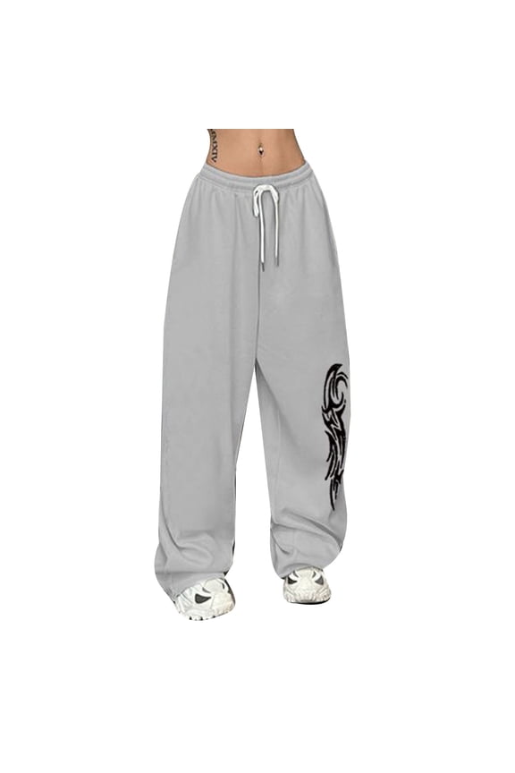 Dark Gothic Y2K Aesthetic Tribal Tattoo Print Wide Leg Pants, Oversized Drawstring Waist Streetwear Joggers for Men Women