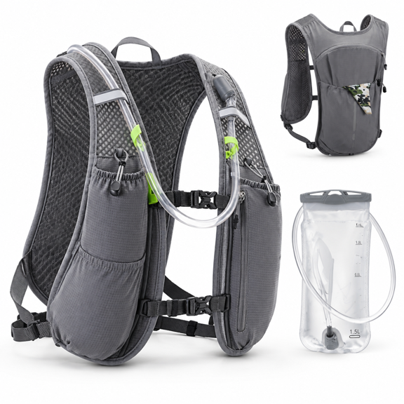 Dark Gray 1.5L Hydration Pack Running Vest with Adjustable Straps and Multi-Pockets