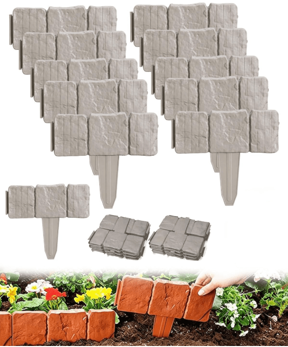 Dark Gray 10pcs Faux Stone Plastic Garden Edging, Interlocking Stakes Decorative Border for Lawn Flower Bed Landscaping