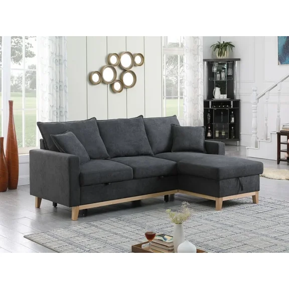 Dark Gray 2pc Sectional Sofa Reversible Chaise Storage Pull-out Sleeper Sofa L-shape Couch Modern Living Room Furniture