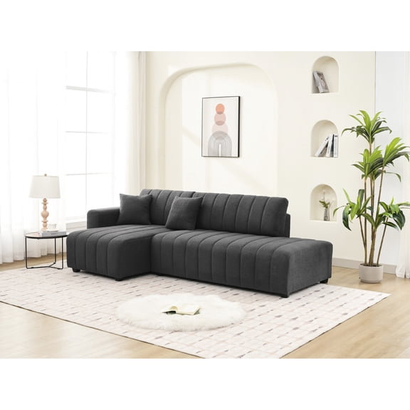 Beige Lamb Wool Left Facing Sectional Sofa / Cozy Seating with Plush Pillows for Home