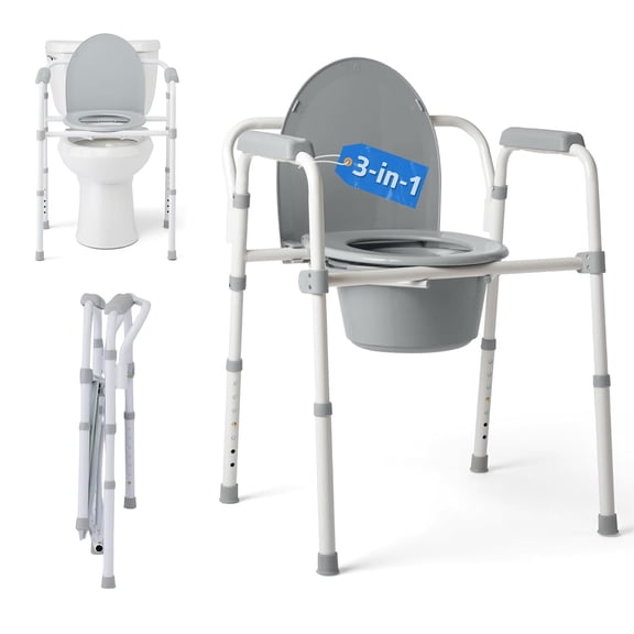 Dark Gray 3-in-1 Folding Commode with Elongated Seat, Microban Treated - Portable, Adjustable, Durable - Ideal for Medical Patients