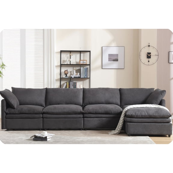 Dark Gray 5 - seat U - shaped Couch with Chaise Lounge | Flexible Modular Design for Apartments | Soft Foam and Good Back Support