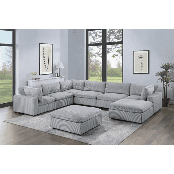 Dark Gray 8pc Modular Sectional Set - Corduroy Upholstery for Living Room (3x Corner, 3x Armless, 2x Ottomans)
