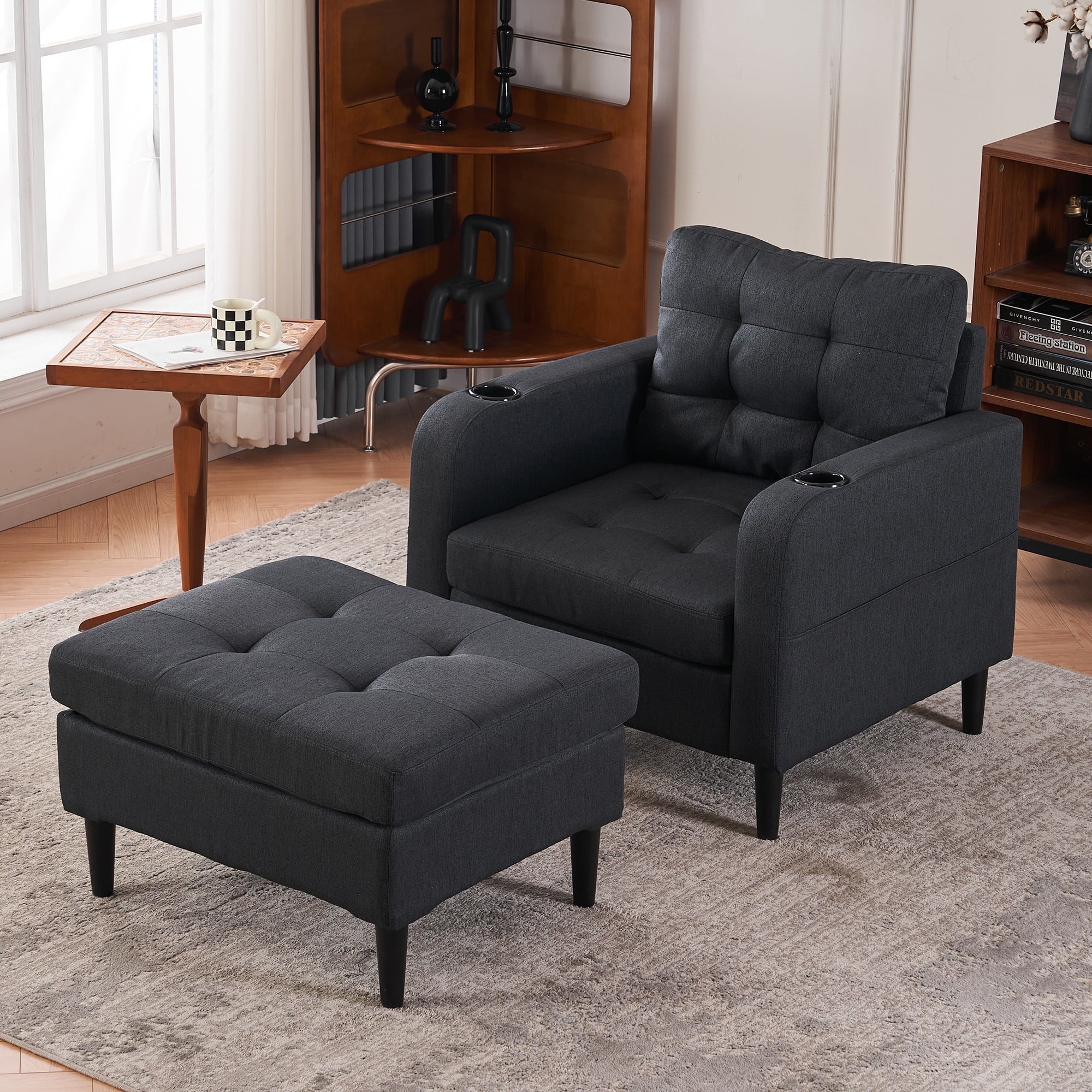 Dark Gray Tufted Armchair with Storage Ottoman and Cup Holders