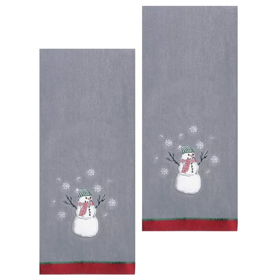Dark Gray Bath Hand Towels, 2 Piece, Snowman Snowflakes St Nicholas Square
