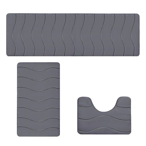 Dark Gray Bath Mat 3-Piece Set Non Slip Wave Pattern 16x47 16x24 16x20 Inch Absorbent Bathroom Rugs with Latex Backing