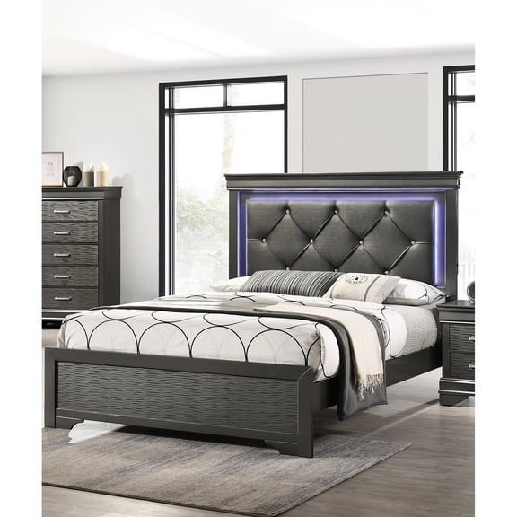 Dark Gray Bed with Diamond Button Tufting and LED Lights / Bedroom Luxury Experience