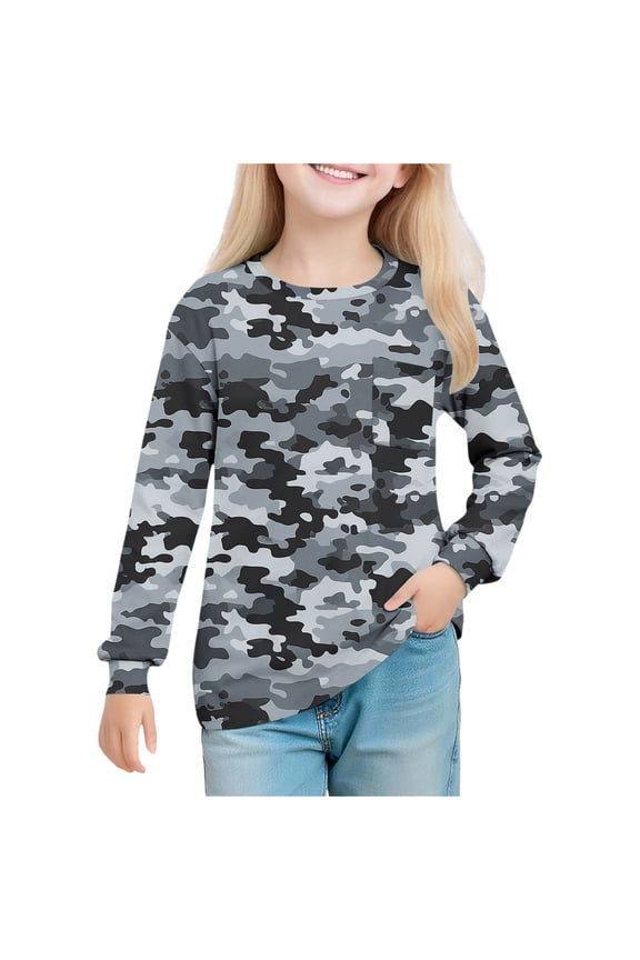 Dark Gray Boy Girl Crewneck Spandex Tops for Kids Girl Boy Fall Summer Long Sleeve Print Camo Camouflage Tops Shirt Blouse Child 2025 Clothes Regular Fit Y2K 11 Year
