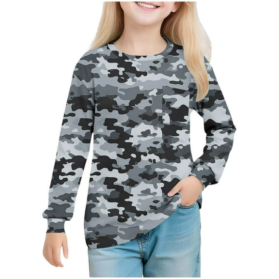 Dark Gray Boy Girl Long Sleeve Tops for Children Boy Girl Fall Summer Crew Neck Spandex Graphic Camo Camouflage Tops Blouses Shirts Child 2025 Clothing 9 Years