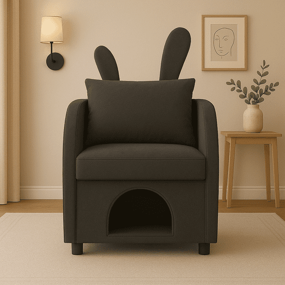 Dark Gray Bunny-Ear Pet-Friendly Armchair with Scratch-Resistant Fabric Triple-Entry Pet Hideaway Openings Dual-Use Sofa Chair 27.4 x 25.2 x 37.4 inch