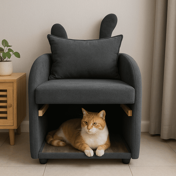 Dark Gray Bunny-Ear Pet-Friendly Armchair with Scratch-Resistant Fabric, Built-in Cat & Dog Hideaway, Dual-Use Sofa Chair with Side Pocket, 27.4 x 25.2 x 37.4 inch