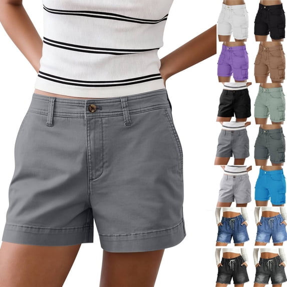Dark Gray Cargo Shorts Women High Rise Outdoor Hiking Athletic Button Denim Below Knee Bermuda Shorts Plus Size Casual Ladies Clothes with Pockets XXL