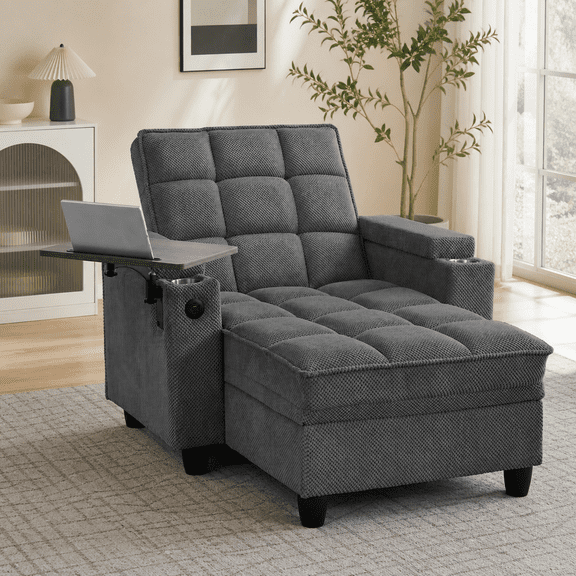 Dark Gray Chaise Lounge Sofa Sleeper Chair Bed with 6-Position Adjustable Backrest, USB Port, Cup Holders and Swivel Side Table