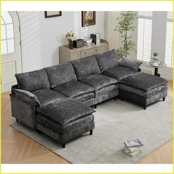 Dark Gray Chenille Modular Sofa 6-Seater | Convertible U-Shape Sectional with Armrest Pillows | Solid Wood Frame for Living Room
