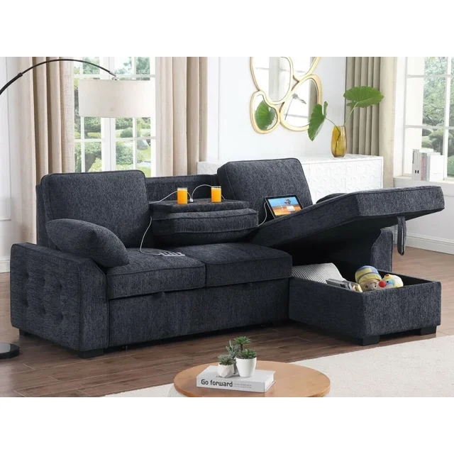 Dark Gray Chenille Sleeper Sectional with Storage Chaise Console USB ...
