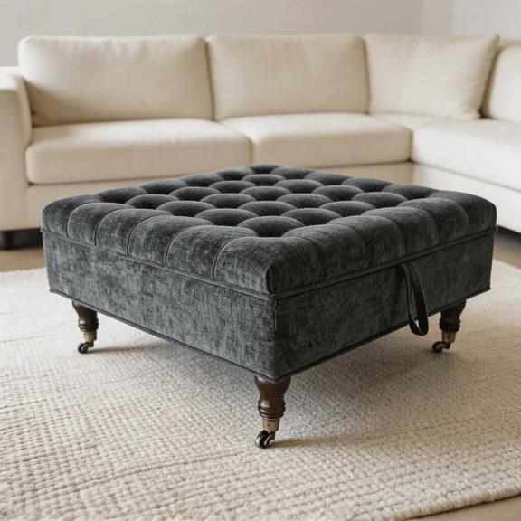 Dark Gray Chenille Storage Ottoman with Wheels Square Coffee Table Footstool Hidden Storage Bench Solid Wood Frame