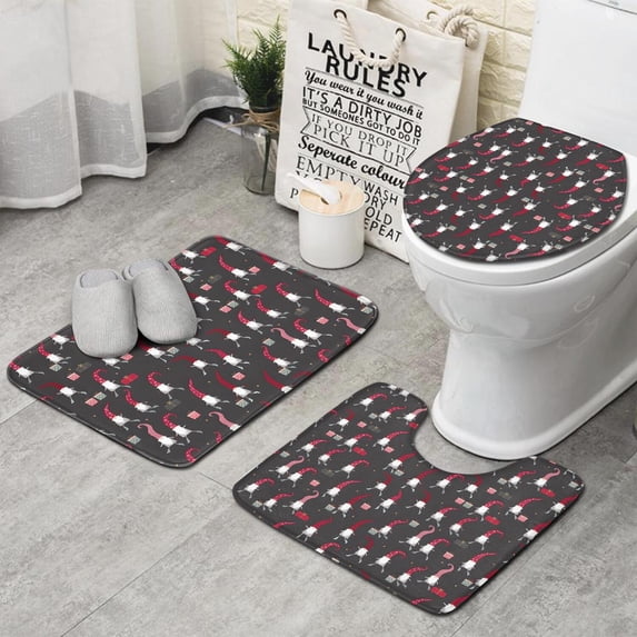 Dark Gray Christmas Gnome Pattern Bathroom Rugs Sets 3 Piece,Toilet Cover Set,Absorbent Non Slip Bathroom Mats Sets with U-Shaped Contour Rug Toilet Rug Set