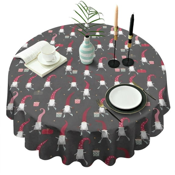 Dark Gray Christmas Gnome Pattern Round Tablecloth 60"x60",Wrinkle Wipeable Table Cloth for Kitchen Dining Room Picnic Patio Party