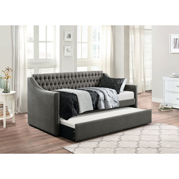Dark Gray Color Scheme - Button - Tufted Detail Design - Bedroom Environment - Attractive Bed for Home Dark Gray Trundle Bed