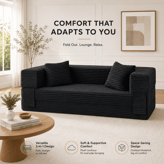 Dark Gray Corduroy Foam Sofa Bed, 78.7" Convertible 3-Seat Compressed Couch, Fold Out Sleeper Loveseat with Deep Seat, Side Pockets, Pillows, No Assembly Sofa for Apartment Living Room Bedroom