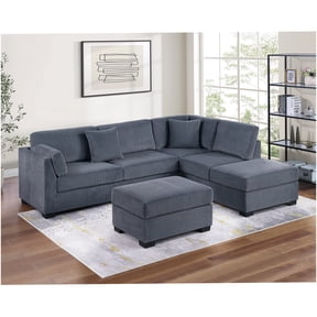 Dark Gray Corduroy L-Shaped Sectional Couch with Reversible Chaise and Ottoman