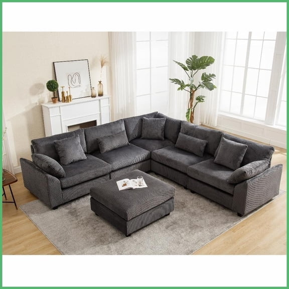 Dark Gray Corduroy Modular Sectional Sofa 6-Seat for Living Room Oversized Deep Comfort & Customizable Layout