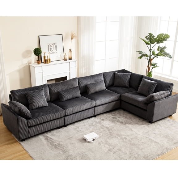Dark Gray Corduroy Sectional , Comfy Deep Seat For Living Room, 5 Person Capacity, & Oversized Upholstered, Seat, Gray, And Comfortable