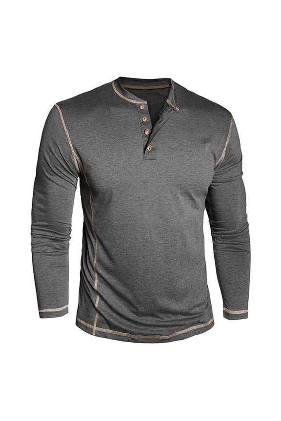 Dark Gray Crewneck T Shirts for Man Summer Fall Long Sleeve Color Block Brunch Crochet Cable Knit Plain Patchwork Tops T shirt Mens Button 2026 Clothing XL