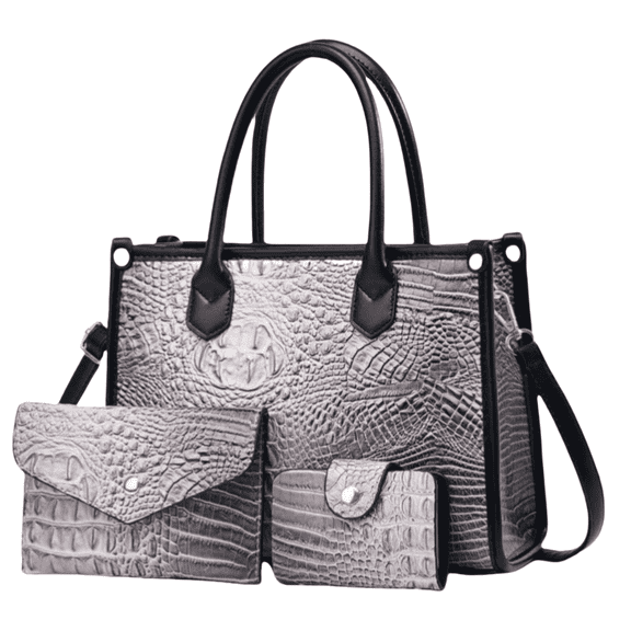 Charcoal Gray Faux Crocodile 3-Piece Set (Tote/Crossbody Wallet Card Holder) - Soft, Waterproof & Durable, for Work/Daily Use