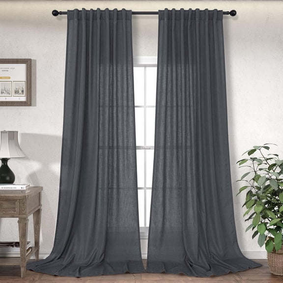 Dark Gray Curtains 90 Inch Length for Kids Bedroom 2 Panels Set Back Tab Pocket Flowy Flowing Semi Translucent Light Filter Charcoal Grey Linen Curtain Living Room Boys Nursery Playroom 52x90 Long