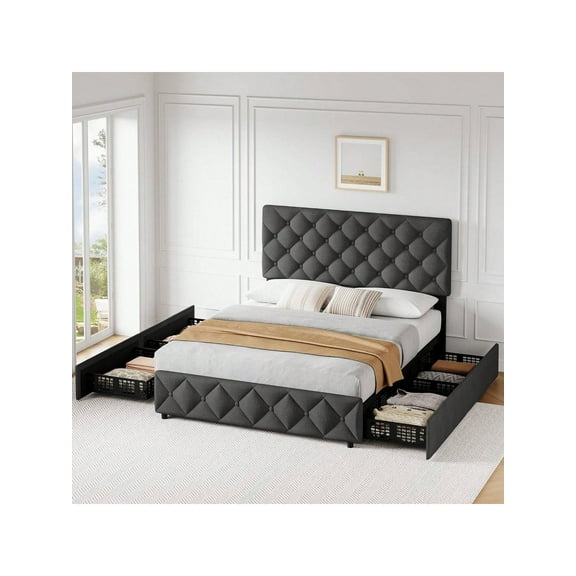 Dark Gray Double bed Full Size Bed Frame With 4 Storage Drawers And Adjustable Headboard, Linen Upholstered Platform Bed Frame, Diamond Stitched Button Tufted, No Box Spring Needed (Dark Grey)