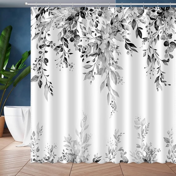 Dark Gray Eucalyptus Leaves Shower Curtain, Aesthetic Art Watercolor Plant Floral Leaf Bathroom Decor, Waterproof Fabric Shower Curtain Set with Hooks 72x72 Inches