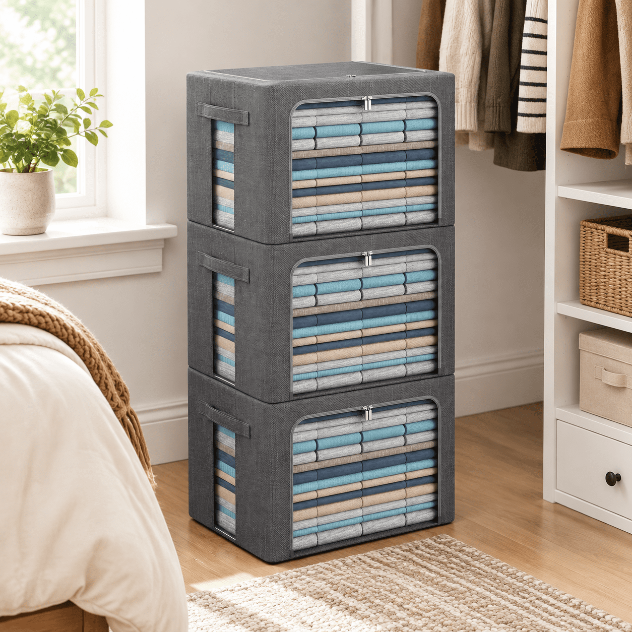 Dark Gray Extra Large-100L 3-Pack Foldable Linen Fabric Stackable ...