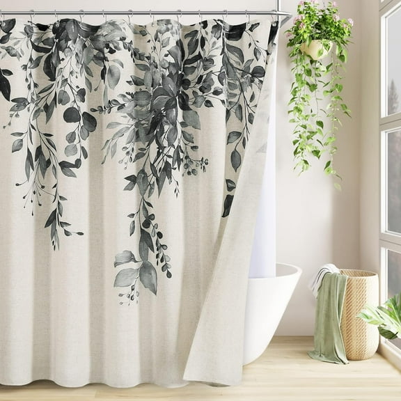 Dark Gray Farmhouse Linen Shower Curtains Set Slate Floral Eucalyptus Cloth Fabric Bathroom Curtain with Liner Nature Grey Leaf Double Shower Curtain Rustic Tan Grey Dove Decoration 72x72