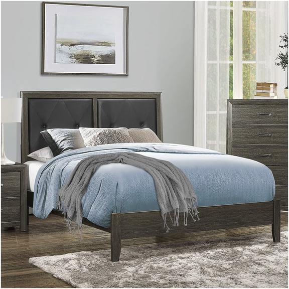 Dark Gray Faux Leather Platform Bed Frame with Upholstered Headboard, Queen Size Modern Bed, Under Bed Storage, No Box Spring