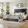 thumbnail image 1 of Dark Gray Faux Leather & Rivets King Bed Frame with Charging Station and LED Lights, Wooden Slats, Modern Design, No Box Spring, 1 of 14