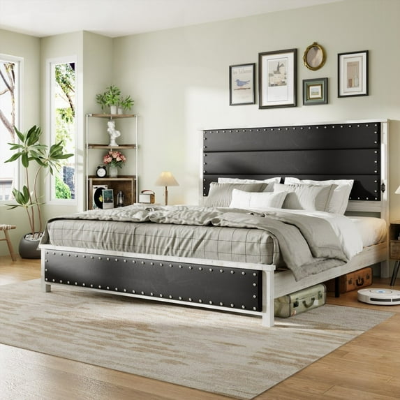 Dark Gray Faux Leather & Rivets King Bed Frame with Charging Station and LED Lights, Wooden Slats, Modern Design, No Box Spring