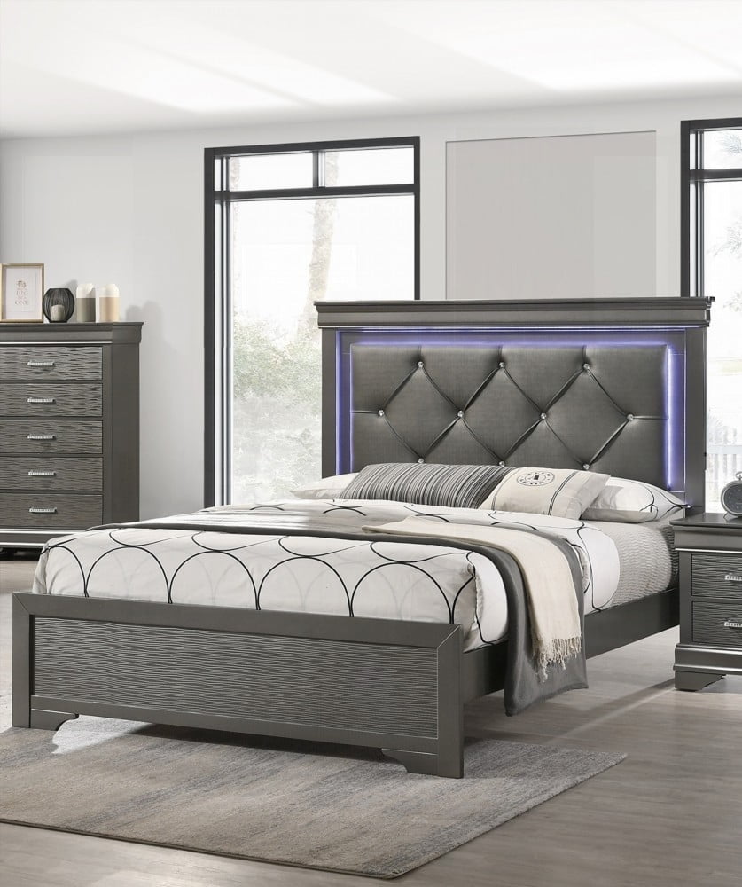 Gray and Dark Gray Faux Leather Tufted Queen Size Headboard for Bedroom