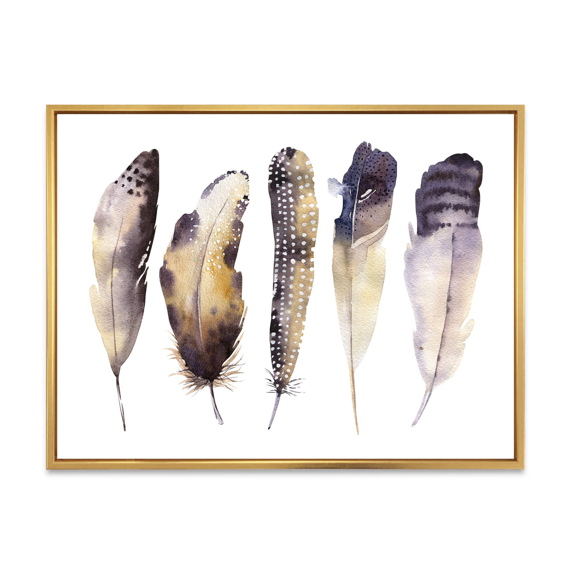 Dark Gray Feathers Boho Ethnic I 32 in x 16 in Framed Painting Canvas Art Print, by Designart
