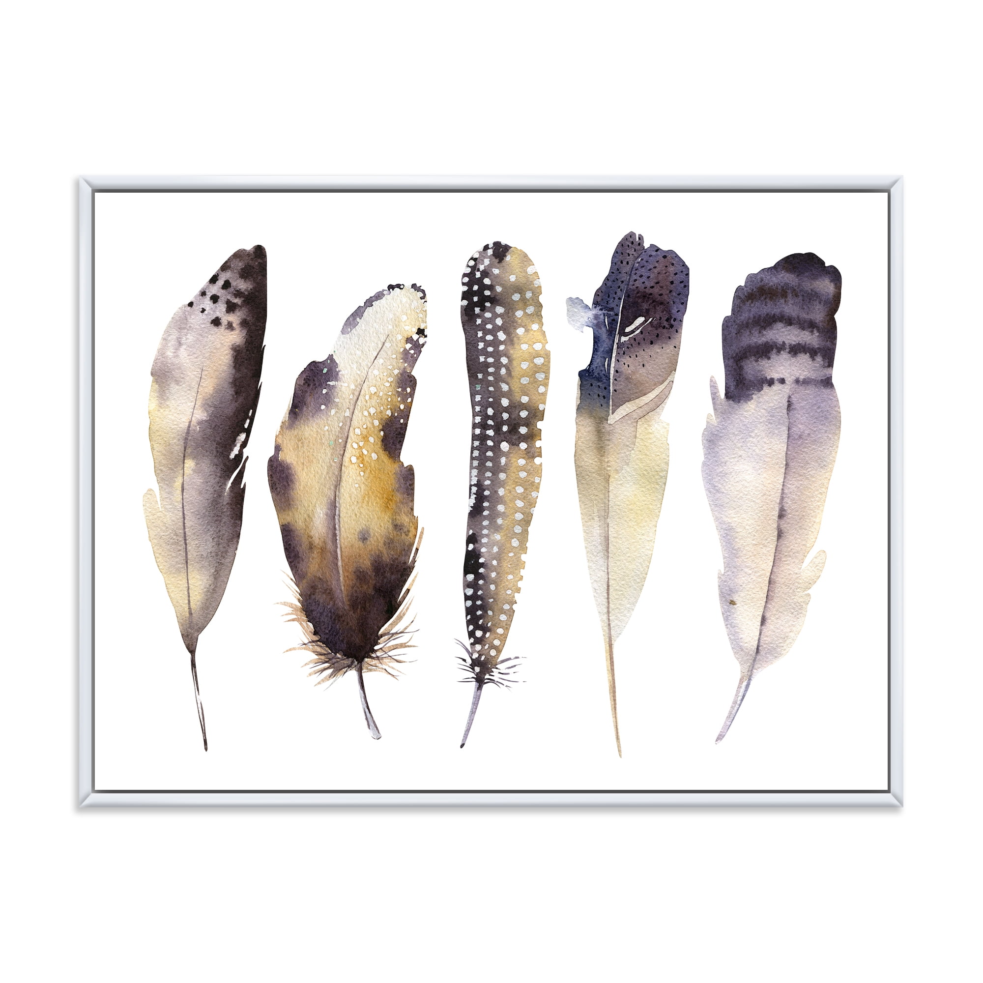 Dark Gray Feathers Boho Ethnic I 32 in x 16 in Framed Painting Canvas Art Print, by Designart