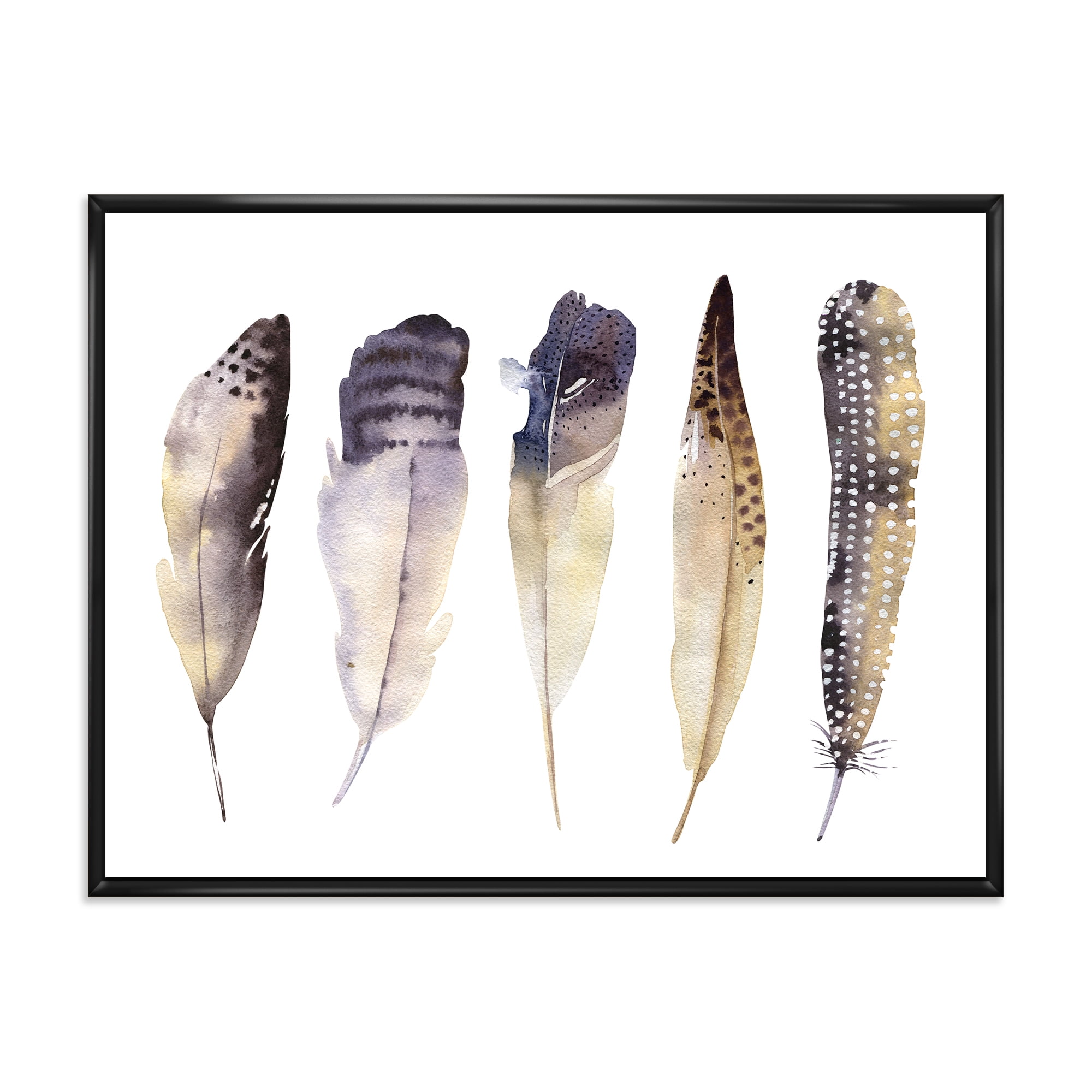 Dark Gray Feathers Boho Ethnic II 32 in x 24 in Framed Painting Canvas Art Print, by Designart
