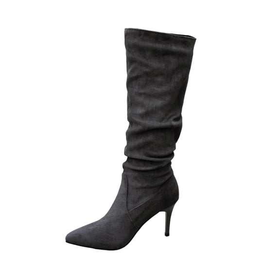 Dark Gray Female Comfortable Winter Footwear With Slim Heel And Tall Design For Cold Days